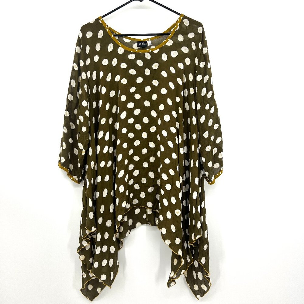Iguana 100% Rayon Brown Large Polka Dot Asymmetrical Hem Blouse Women's Medium